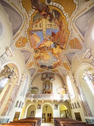 Interior, ceiling painting by Hans Andre, Servitenkirche, Innsbruck, Tyrol, Austria, Europe
