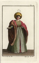 Italian Noblewoman in Courtly Dress with Fur-Lined Coat