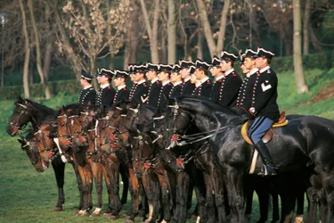 Italy, Cuirassiers Squadron on horseback standing in row