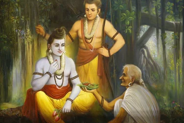 Jalaram Prathna Hindu Temple, Leicester: Fresco of Rama Meeting Shabari Who Offers Food to Ramacandra, United Kingdom