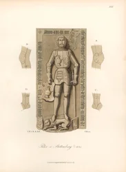 Knight in armor 15th century, with details of the bindings on the knees and elbows. Chromolithography, drawing by Jakob Heinrich von Hefner-Alteneck for his book Costumes, crafts and instruments