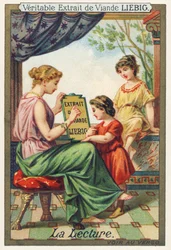 Reading. A seated young woman shows a Liebig advertising poster to two little girls standing before her. Advertising chromolithograph, Liebig