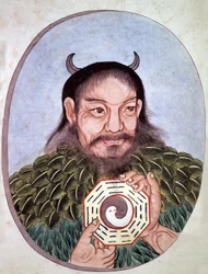 Legendary Chinese Emperor Fu Hi, One of the Founders of Taoism, Carrying the Medallion with Yin and Yang, Chinese Engraving, End of 18th Century