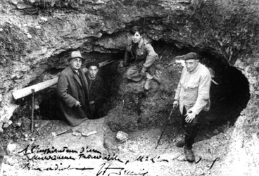 Leon Laval, Marcel Ravidat, Jacques Marsal and Abbot Breuil at the Entrance of the Cave of Lascaux, Montignac, France