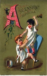 Letter A: Difficult ascent. Engraving in "Alphabet des grotesques". Series of 25 advertising chromolithographs, late 19th century.