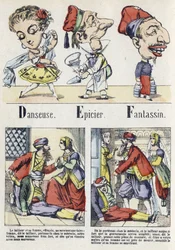 Letter D, E and F: dancer, grocer and infantry. Alphabet of the Eastern Tale. Imaging of Epinal, circa 1890