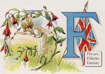 Letter F: Flowers, Girl, Pennant. Engraving in "ABC L