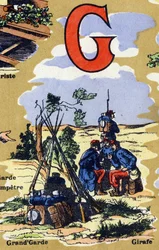 Letter G as the great guard of the army. Illustrated alphabet. Imageries reunited in Jarville-Nancy, early 20th century