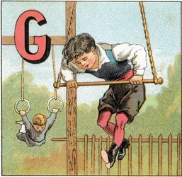 Letter G for gymnastics. Engraving in 