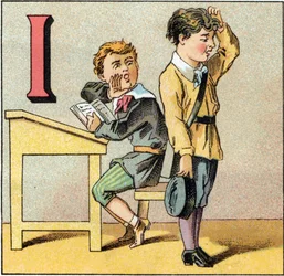 Letter I as ignorance. A student questions has forgotten his lecture and repeats what one of his comrades blows. Engraving in "Alphabet des petits ecoliers". Imaging of Epinal, circa 1885