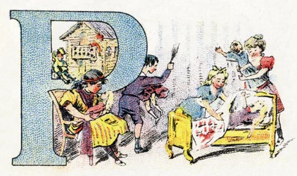 Letter P: Doll Polichinelle. Alphabet of Phosphatine Falieres. Engraving. Late 19th century