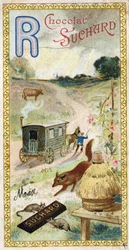 Letter R: rays, ruminant, trailer, hive, fox, rats, rose. Engraving of the Alphabet edited by Chocolat Suchard, beginning of the 20th century