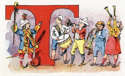 Letter T: Trumpet Drum. Alphabet of Phosphatine Falieres. Engraving. Brevete alphabet S.G.D.G. by pharmacist Pierre Emile Falieres. Illustrations in chromolithography, late 19th century.
