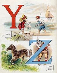 Letter Y and Z: Yacht, zebra and Zizi the clown. Engraving in "ABC L