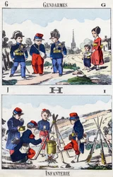 Letters G H I: Gendarmes and Infantry. Engraving in "Alphabet militaire enfantin". Imagery of Pont-a-Mousson, circa 1890