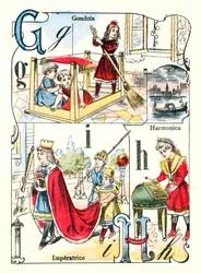 Letters G, I and H. Children playing gondola, empress and harmonica. Engraving in 