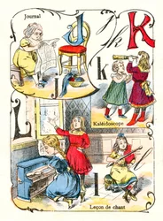 Letters J, K and L as journal, kaleidoscope and singing lesson. Engraving in 