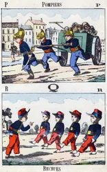 Letters P Q R: Firefighters and Recruits. Engraving in "Alphabet militaire enfantin". Imagery of Pont-a-Mousson, circa 1890.