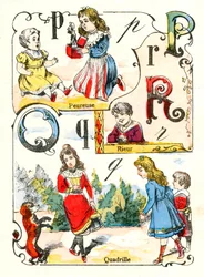 Letters P, Q and R as fearful, laughter and quadrille. Engraving in 