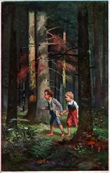 Literature. Fairy Tales. Hansel and Gretel lost in the forest. Illustration by Otto Kubel for the tale of the Brothers Grimm. Postcard, Germany, c.1900