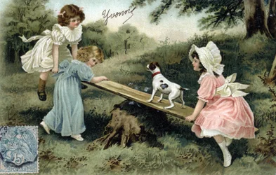 Little girls playing with a wooden board (swing or butt tape)