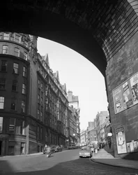 Looking up Dean Street from The Side, Newcastle upon Tyne, UK, November 1963