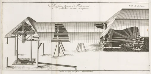 Machine operated by a water wheel, for transporting stones
