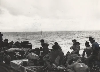 Marines of 41 Commando aboard LCT 532, approaching Westkapelle during the landings at Walcheren, Netherlands