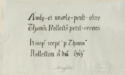 Mayfield Church - Inscription to Thomas Rolleston: pen drawing