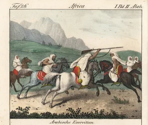 Military exercises, the charge of Arab horsemen. Lithography for the book: “Galerie complete en tableaux fideles des peuples d