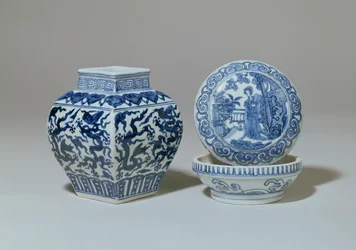 Ming Blue and White Square Baluster Jar and Circular Box