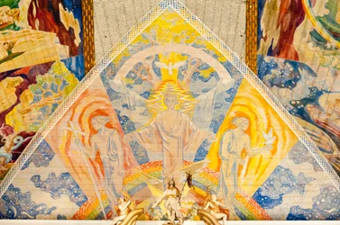 Modern art; colorful ceiling painting by Lou Mohr; “Trinity”; 1938; painting of Jesus Christ at Oslo Cathedral; Oslo Domkirke; Oslo; Norway; Scandinavia; Northern Europe; Europe
