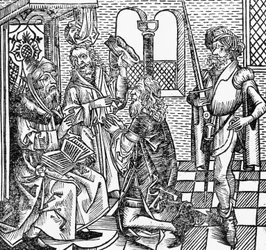 Mohammed at court, German woodcut, from Nuremberg Chronicle by Hartmann Schedel