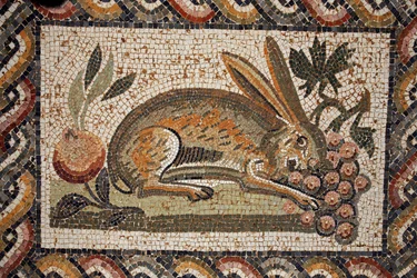 Mosaic Representing a Hare Grazing a Bunch of Grapes