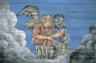 Mural painted on a wooden wall, Ethnographic Open-Air Museum, Riga, Latvia