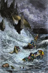Sinbad and his companions after the 1001 nights (Colour engraving by Gustave Dore)