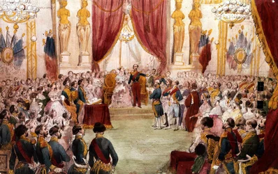 Napoleon III Civil Wedding in 1853: The Emperor Introducing His Wife Eugenia to the Court (watercolor)