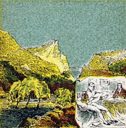 Napoleon I Bonaparte in Exile on the island of Sainte Helene. Engraving in "Histoire de France". Series of advertising images published on behalf of Louit, circa 1920