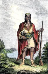 Native population of America: Indians of the United States. Metacomet (c. 1639-1676), also known as King Philip or Metacom, chief of the Wampanoag (Massachusetts, New England). Colour engraving