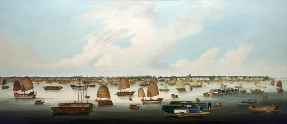 Navigation on the Pearl River, off the coast of Henan Island, with a view of the European factories in Canton