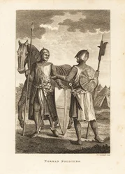 Norman Soldiers in Chainmail and Plate Armour with Shield, Lance, Halberd, in Front of Military Campaign Tents