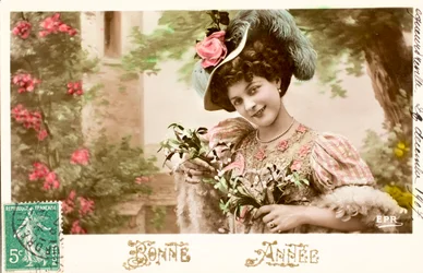 Old postcard/Happy year/Wish/Woman Belle Epoque