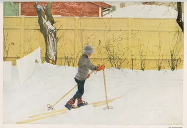 One of the Children of Swedish Illustrator Carl Larsson (1853-1919) Learning to Move on Skis. Drawing from 