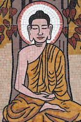 Ong Nui Buddhist Pagoda, Wall Fresco, The Life of the Buddha, Shakyamuni Buddha Sitting in the Meditation Pose Under the Bodhi Tree, Quy Nhon, Vietnam, 2019