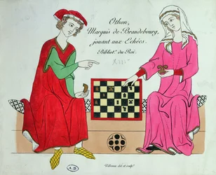Otto IV, Marquis of Brandenburg, Playing Chess with a Lady, Illustration from a Facsimile of the Manesse Codex or Grosse Heidelberger Liederhandschrift, Made in Zurich c.1305-40