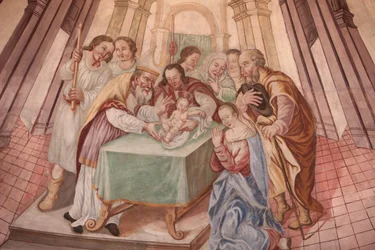 Our Lady of Assumption church. Baby Jesus in the synagogue, Cordon, France