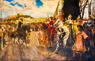 Painting of the Moors handing over the keys to Queen Isabella, Capilla Real, Tomb Chapel of the Catholic Monarchs Isabella I and Ferdinand II, Granada, Andalusia, Spain, Europe