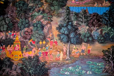 Paintings of village scenes with Buddha in Thailand, Wat Bang Riang, Thub Pat, Phang Nga, Thailand, Asia