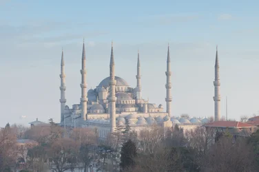 Panoramic view of the Blue Mosque shortly before sunset, Istanbul, Turkey