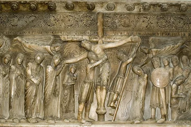 Piazza del Duomo in Parma, Italy. Descent from the Cross by Benedetto Antelami, 1178